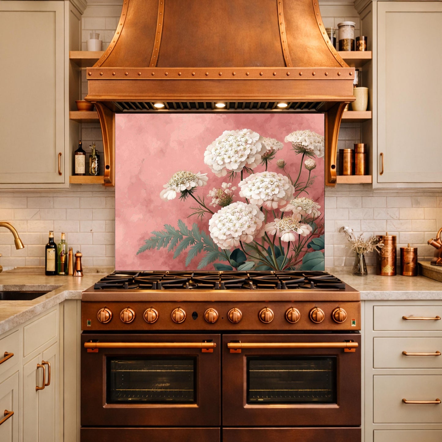 Pink Floral Tempered Glass Kitchen Backsplash, Modern Wall Art Panel