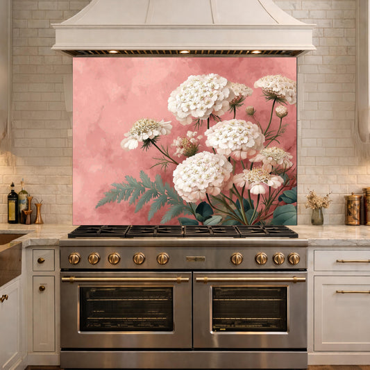 Pink Floral Tempered Glass Kitchen Backsplash, Modern Wall Art Panel