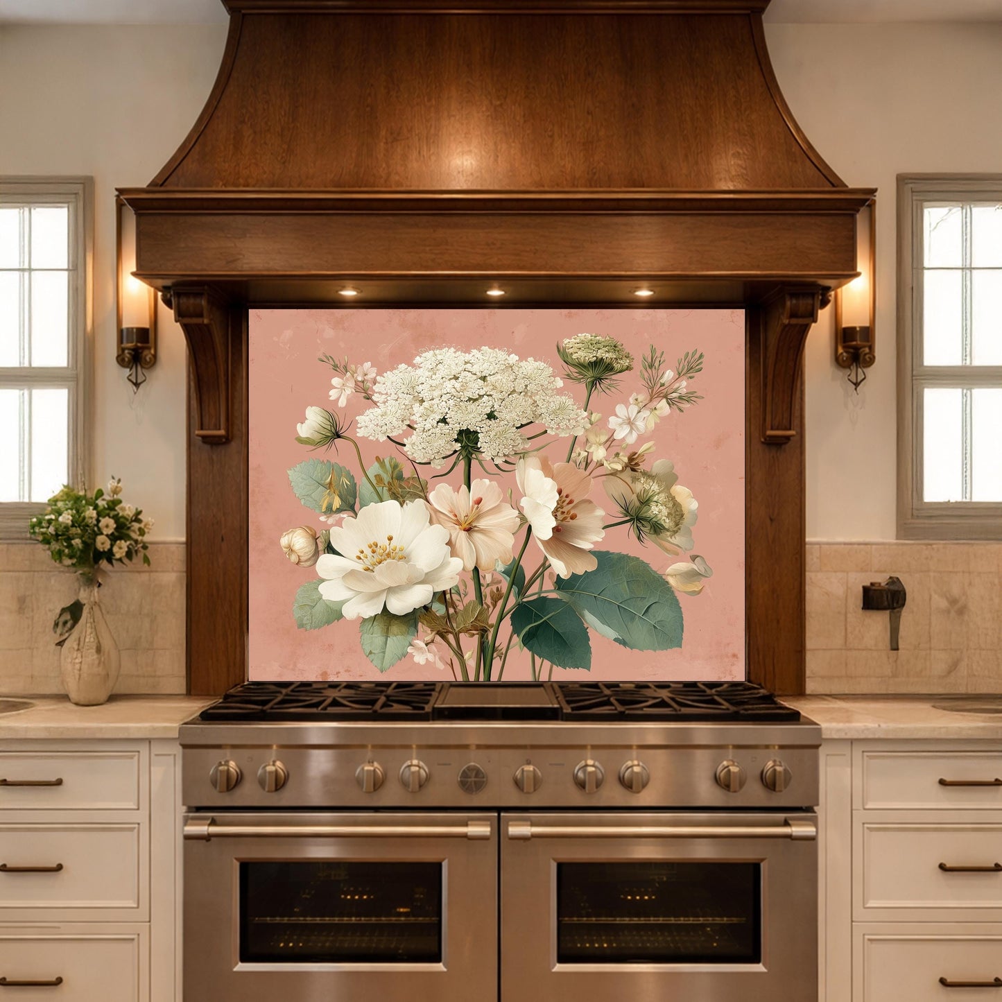 Neutral Floral Tempered Glass Kitchen Backsplash, Modern Wall Art Decor