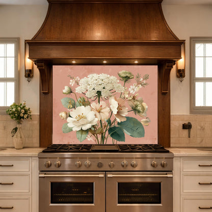 Neutral Floral Tempered Glass Kitchen Backsplash, Modern Wall Art Decor