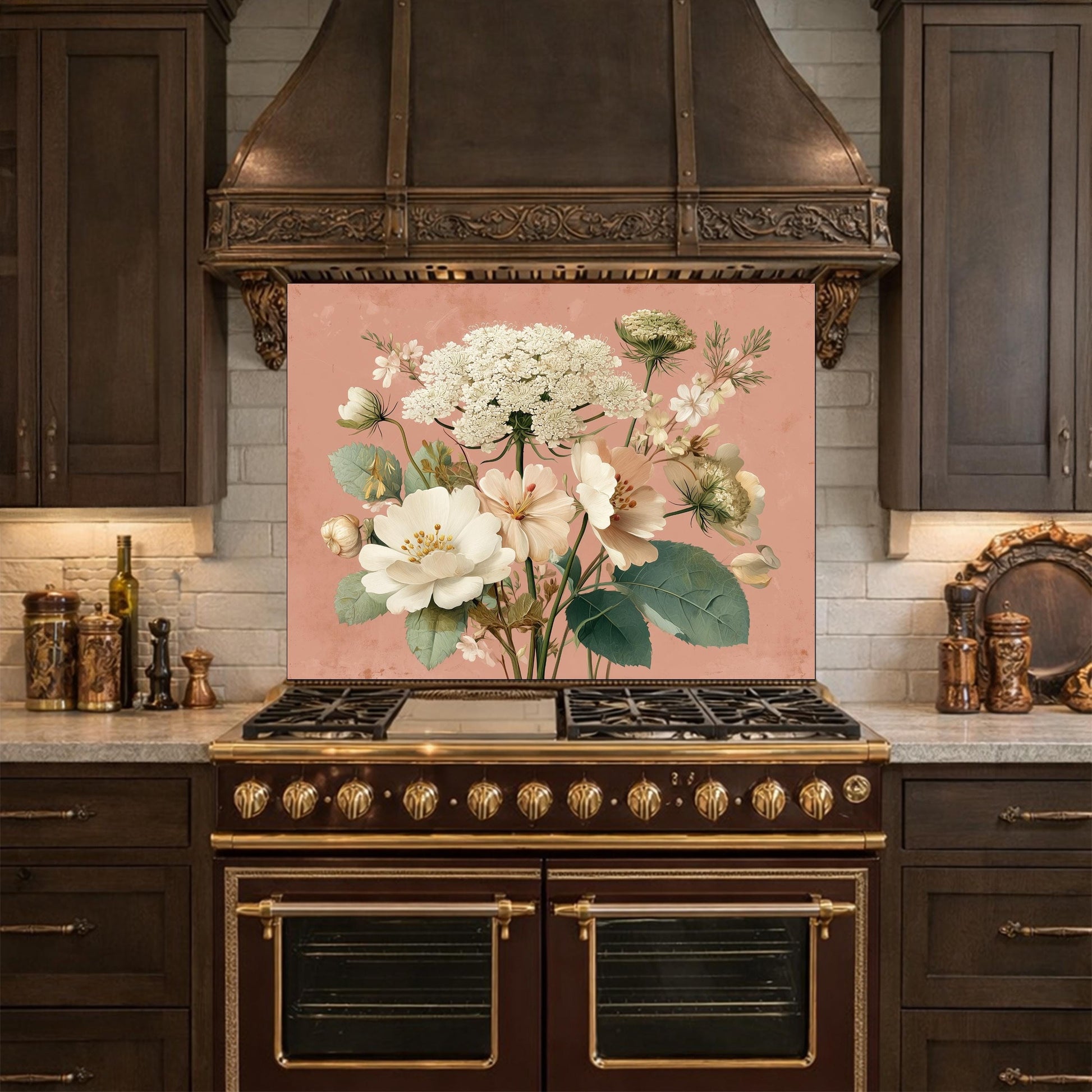 Neutral Floral Tempered Glass Kitchen Backsplash, Modern Wall Art Decor