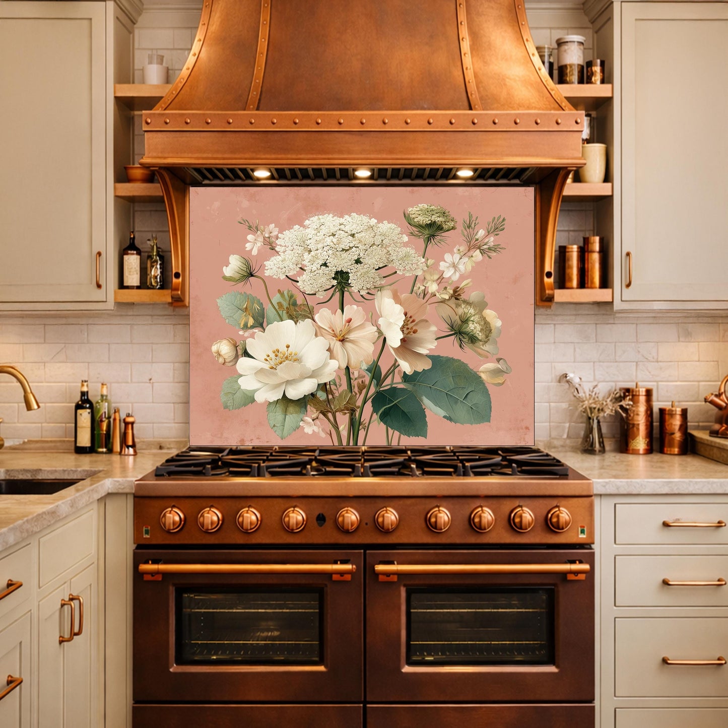 Neutral Floral Tempered Glass Kitchen Backsplash, Modern Wall Art Decor