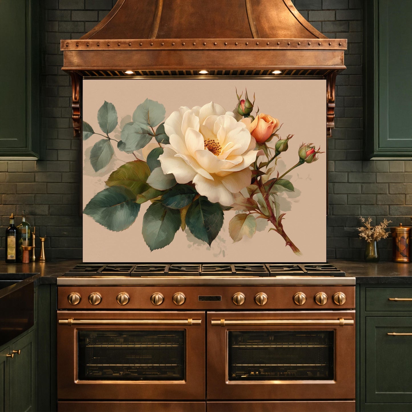 Soft Peach Floral Tempered Glass Kitchen Backsplash, Cream Blush Flower Wall Art