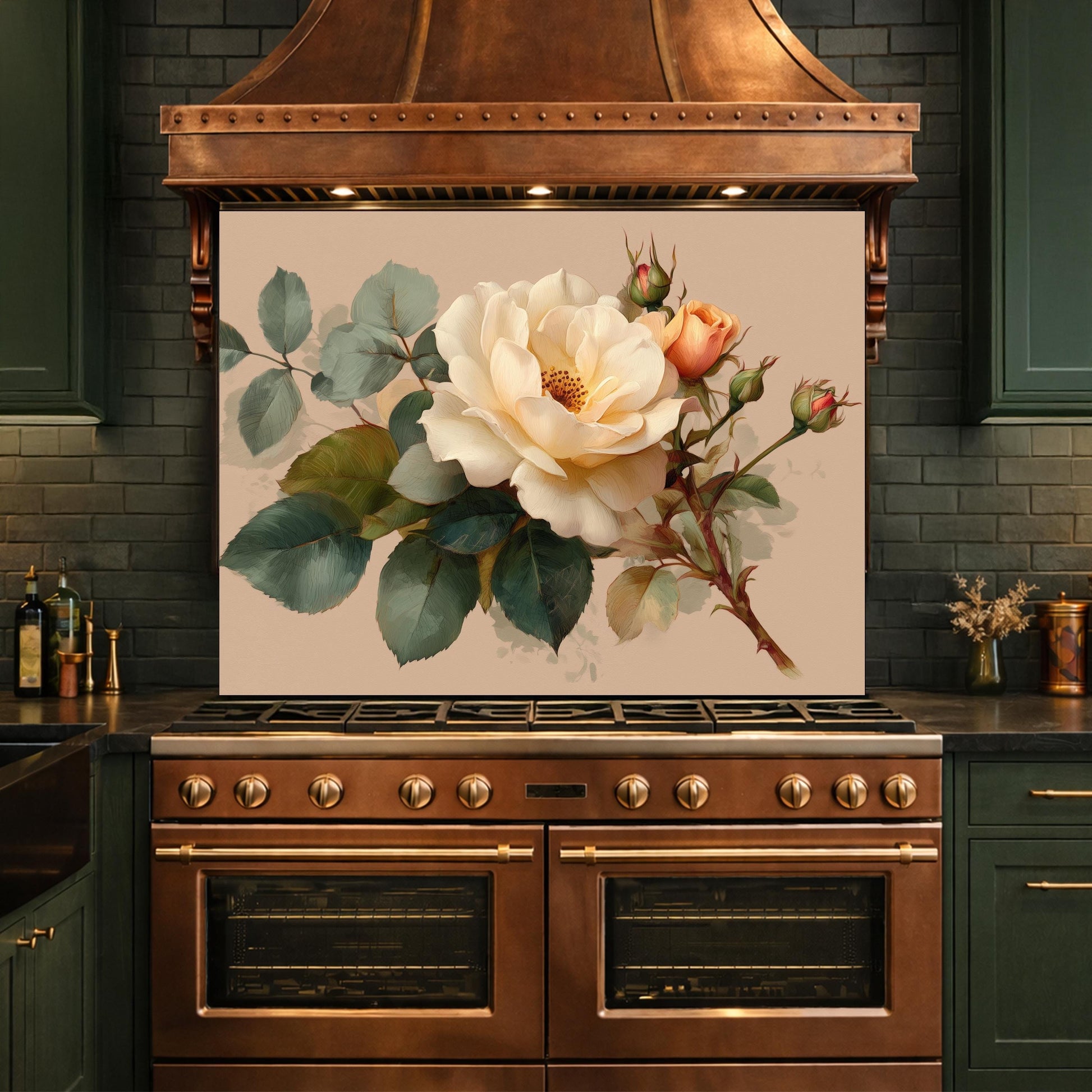 Soft Peach Floral Tempered Glass Kitchen Backsplash, Cream Blush Flower Wall Art