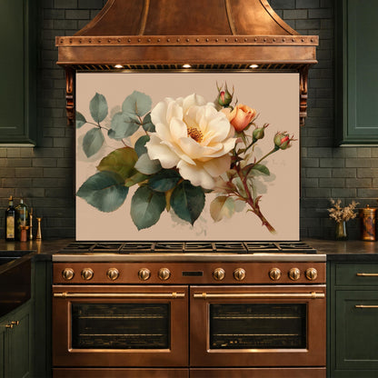 Soft Peach Floral Tempered Glass Kitchen Backsplash, Cream Blush Flower Wall Art