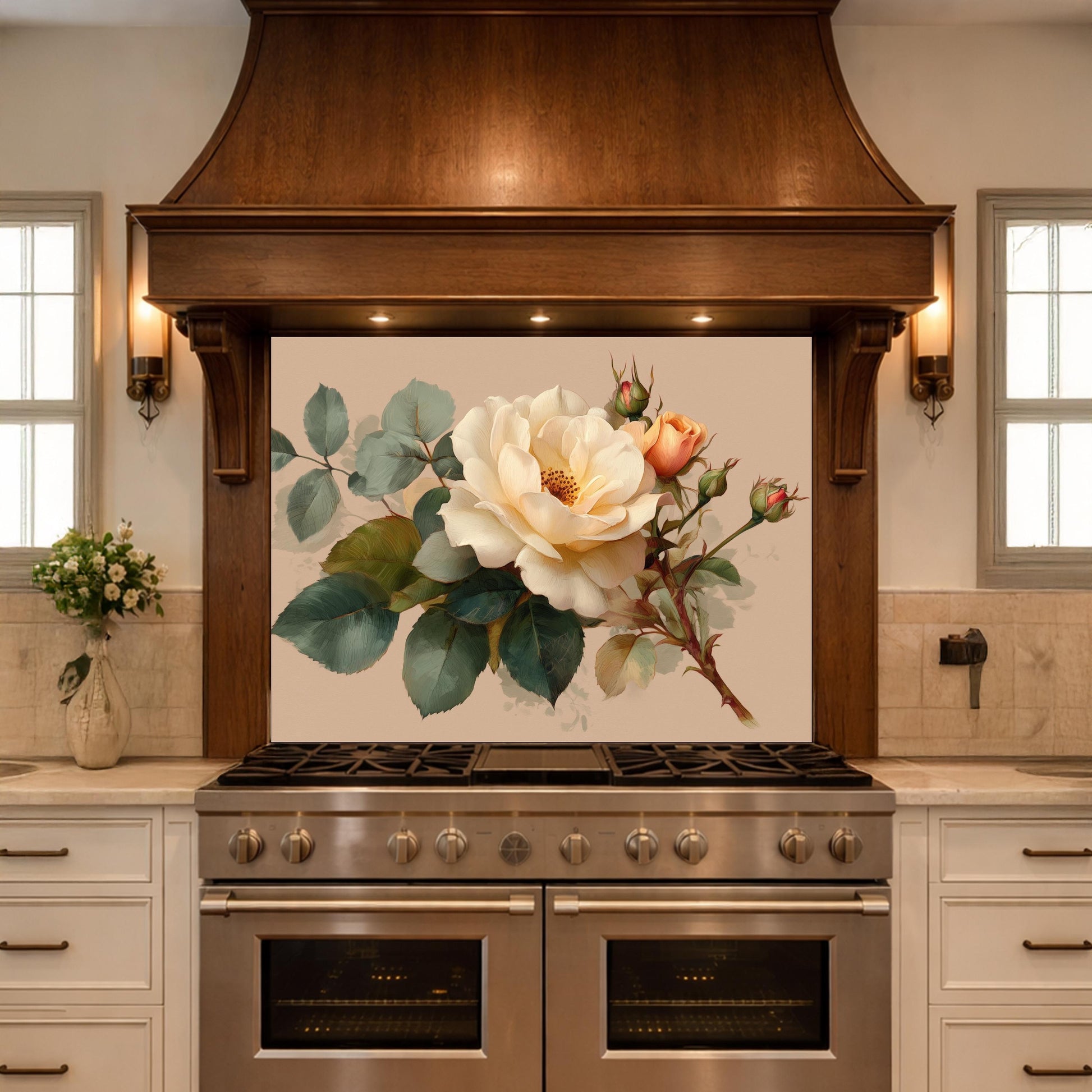 Soft Peach Floral Tempered Glass Kitchen Backsplash, Cream Blush Flower Wall Art