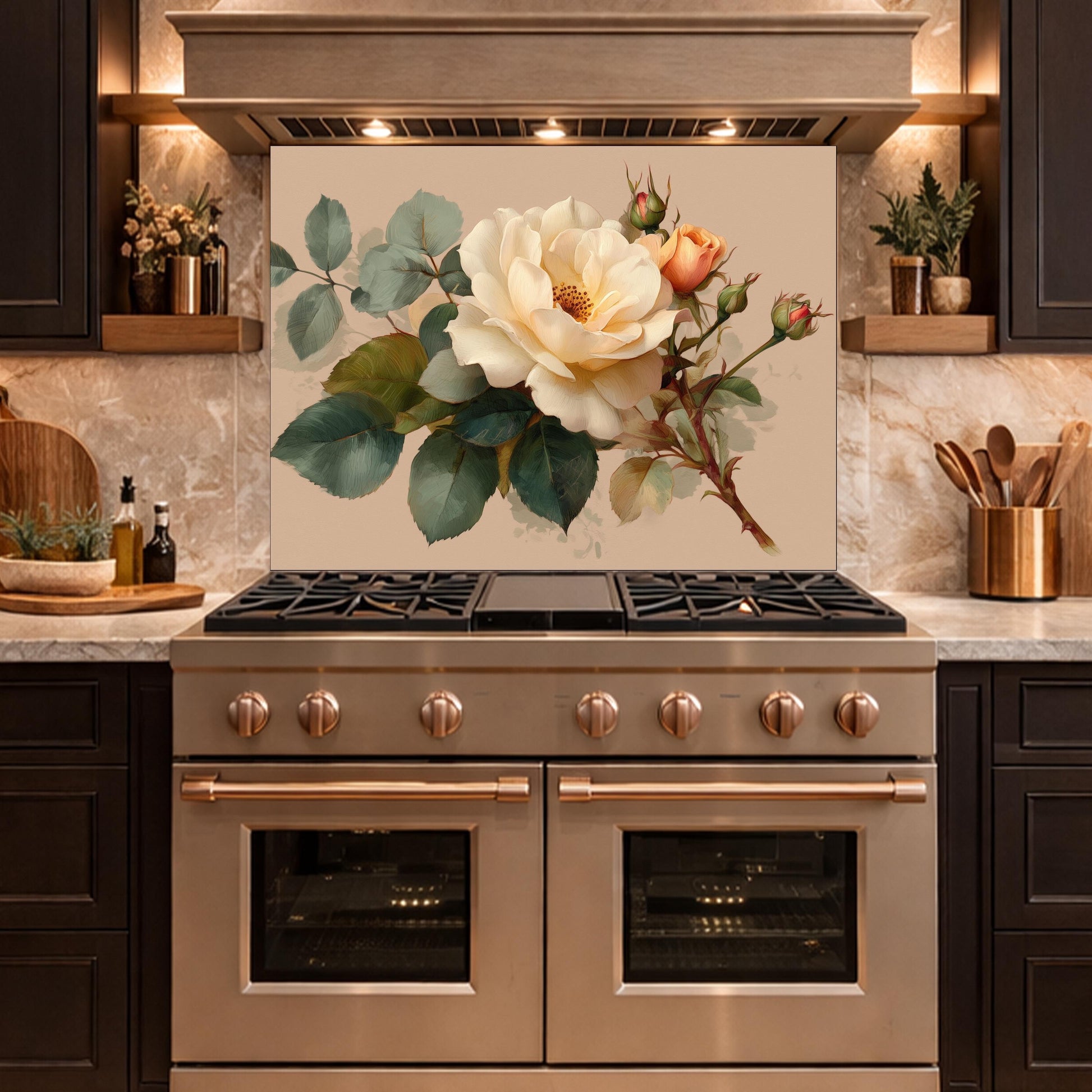 Soft Peach Floral Tempered Glass Kitchen Backsplash, Cream Blush Flower Wall Art