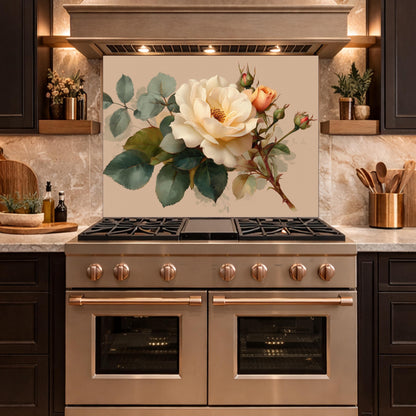 Soft Peach Floral Tempered Glass Kitchen Backsplash, Cream Blush Flower Wall Art