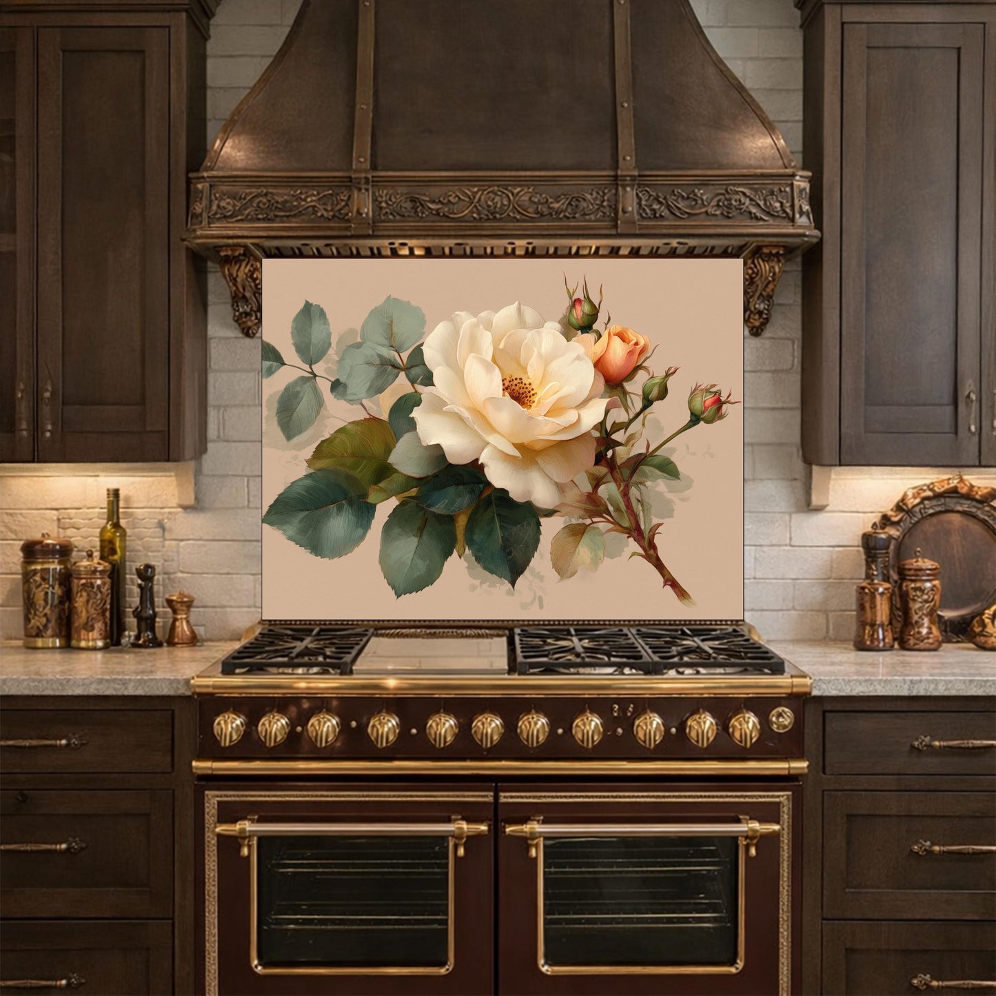 Soft Peach Floral Tempered Glass Kitchen Backsplash, Cream Blush Flower Wall Art