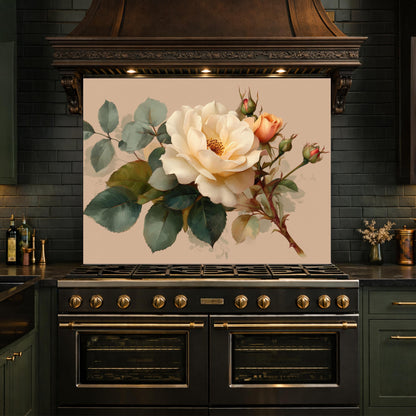 Soft Peach Floral Tempered Glass Kitchen Backsplash, Cream Blush Flower Wall Art