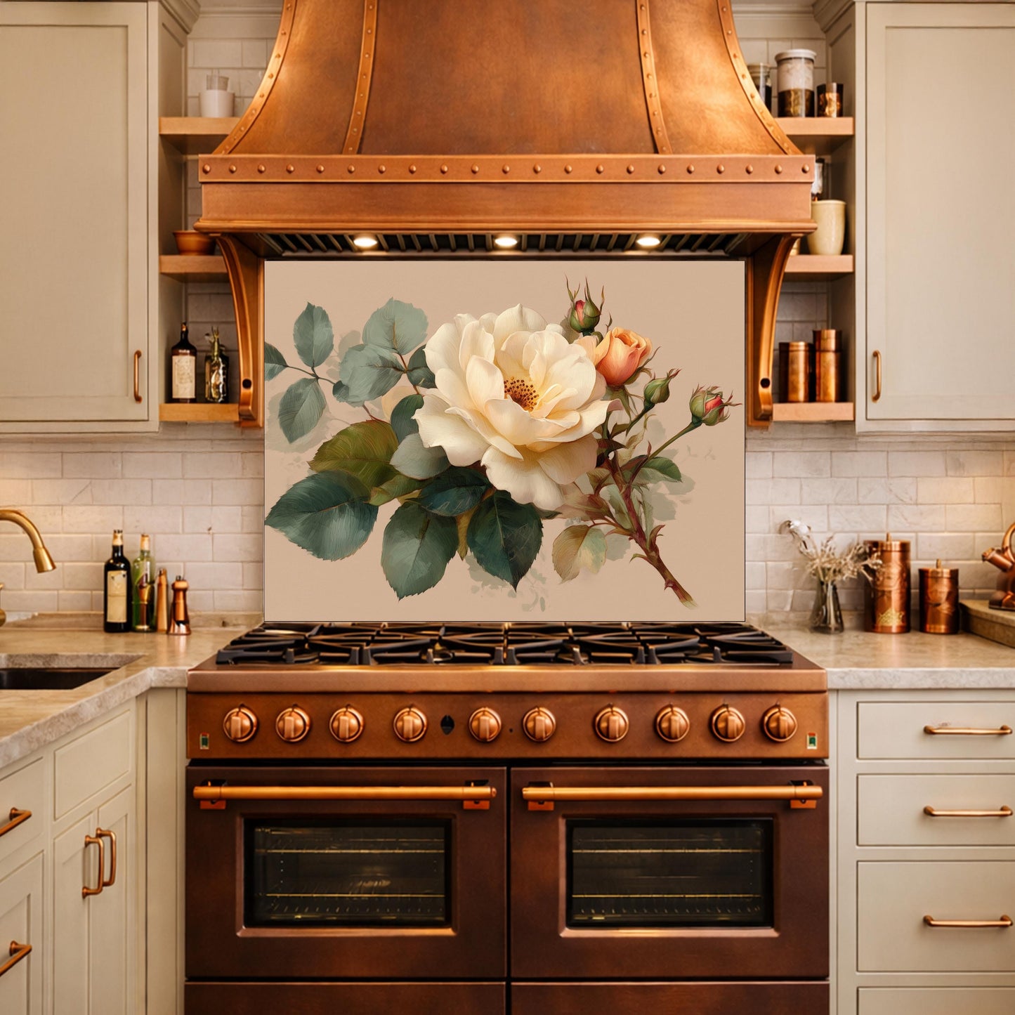 Soft Peach Floral Tempered Glass Kitchen Backsplash, Cream Blush Flower Wall Art