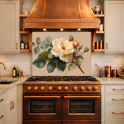 Soft Peach Floral Tempered Glass Kitchen Backsplash, Cream Blush Flower Wall Art