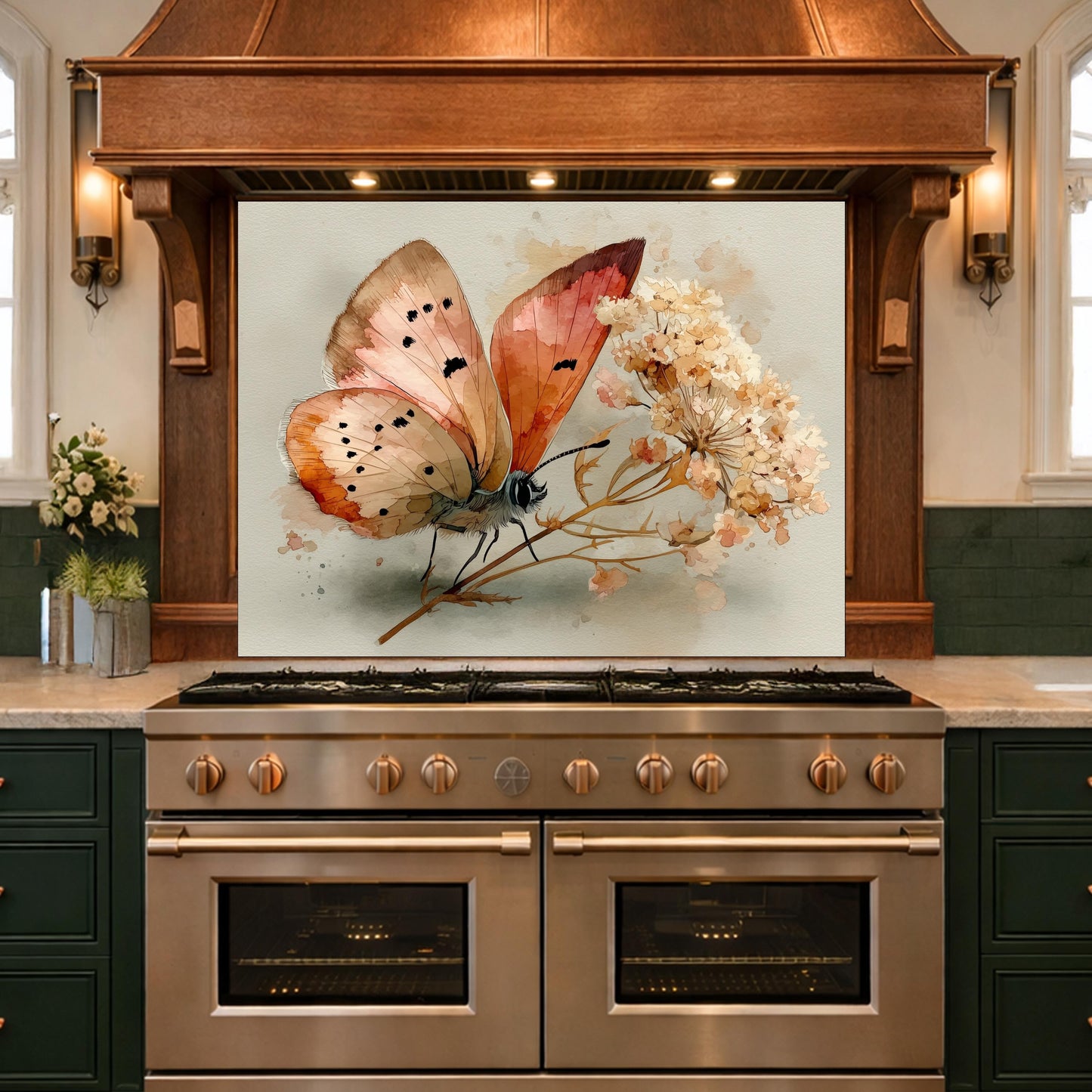 Butterfly Floral Glass Backsplash, Kitchen Wall Panel, Tempered Glass Art, Modern Nature Decor