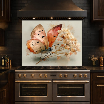 Butterfly Floral Glass Backsplash, Kitchen Wall Panel, Tempered Glass Art, Modern Nature Decor