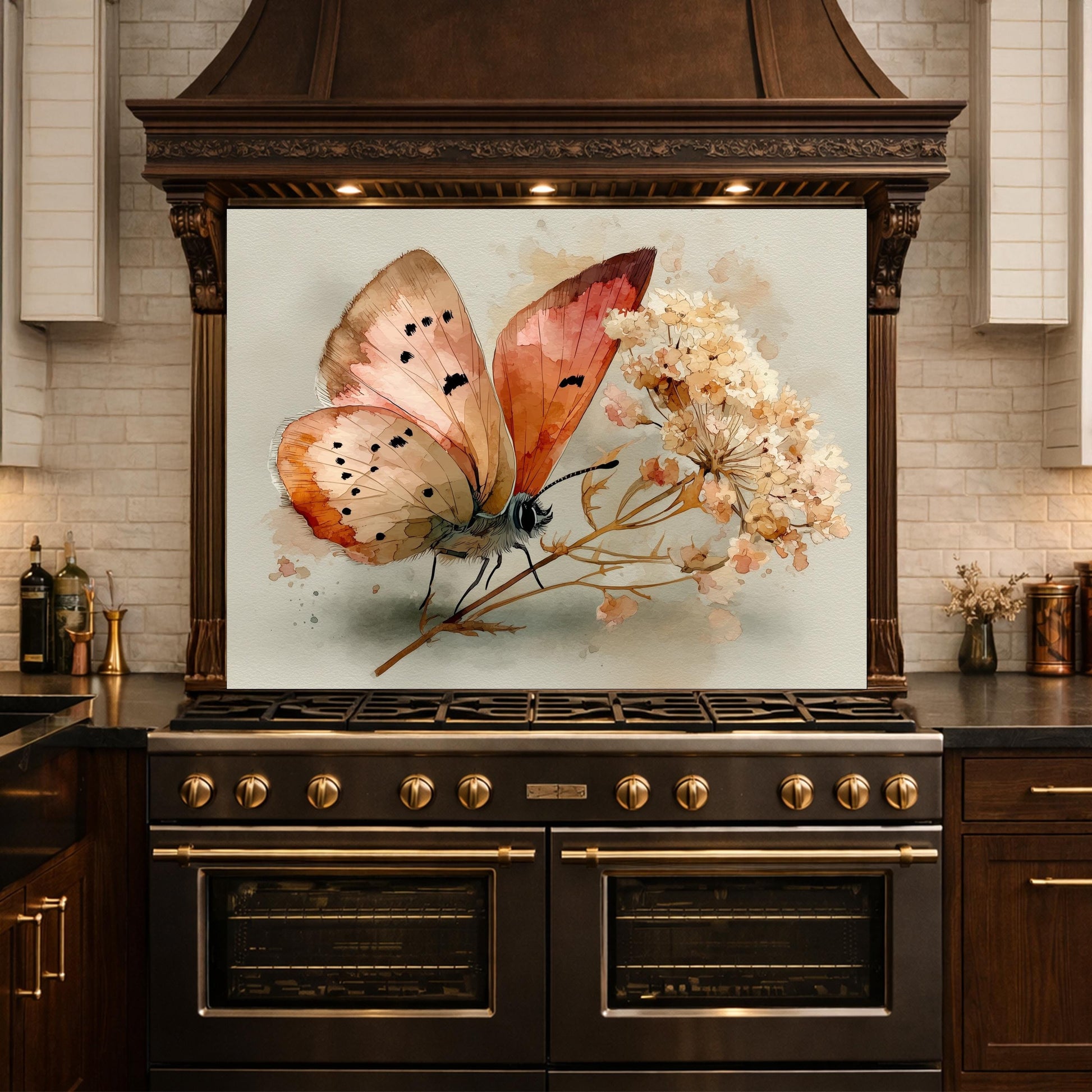 Butterfly Floral Glass Backsplash, Kitchen Wall Panel, Tempered Glass Art, Modern Nature Decor