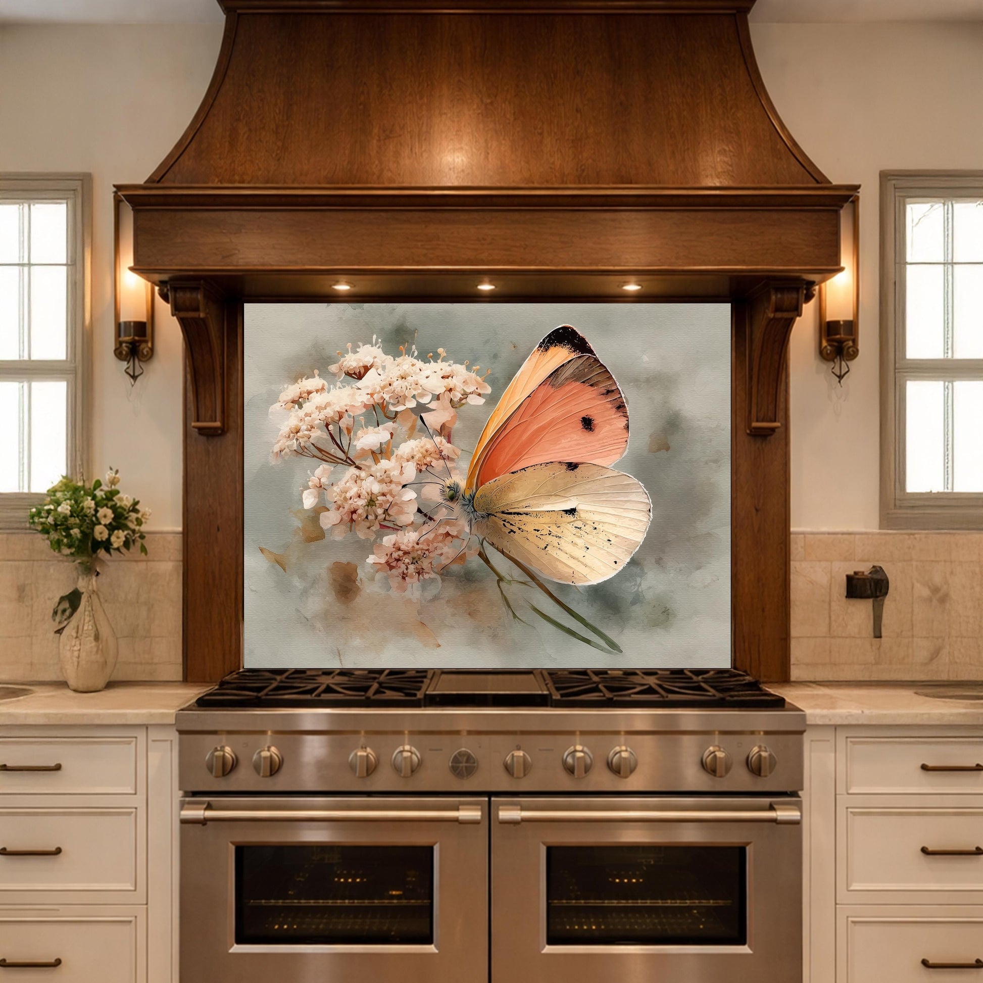 Orange Butterfly Glass Backsplash, Kitchen Wall Panel, Tempered Glass Art, Modern Nature Decor
