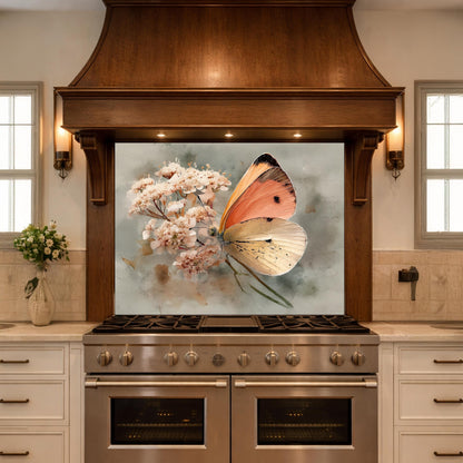 Orange Butterfly Glass Backsplash, Kitchen Wall Panel, Tempered Glass Art, Modern Nature Decor