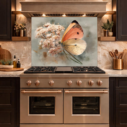 Orange Butterfly Glass Backsplash, Kitchen Wall Panel, Tempered Glass Art, Modern Nature Decor