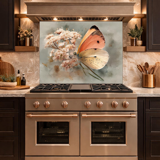 Orange Butterfly Glass Backsplash, Kitchen Wall Panel, Tempered Glass Art, Modern Nature Decor