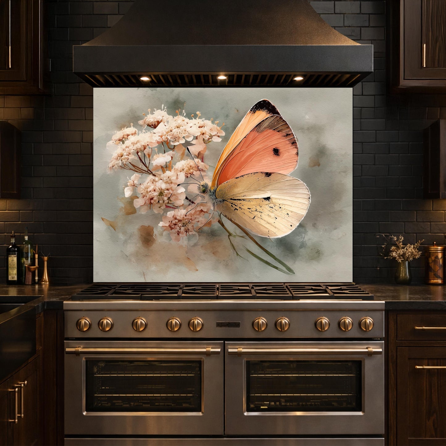 Orange Butterfly Glass Backsplash, Kitchen Wall Panel, Tempered Glass Art, Modern Nature Decor