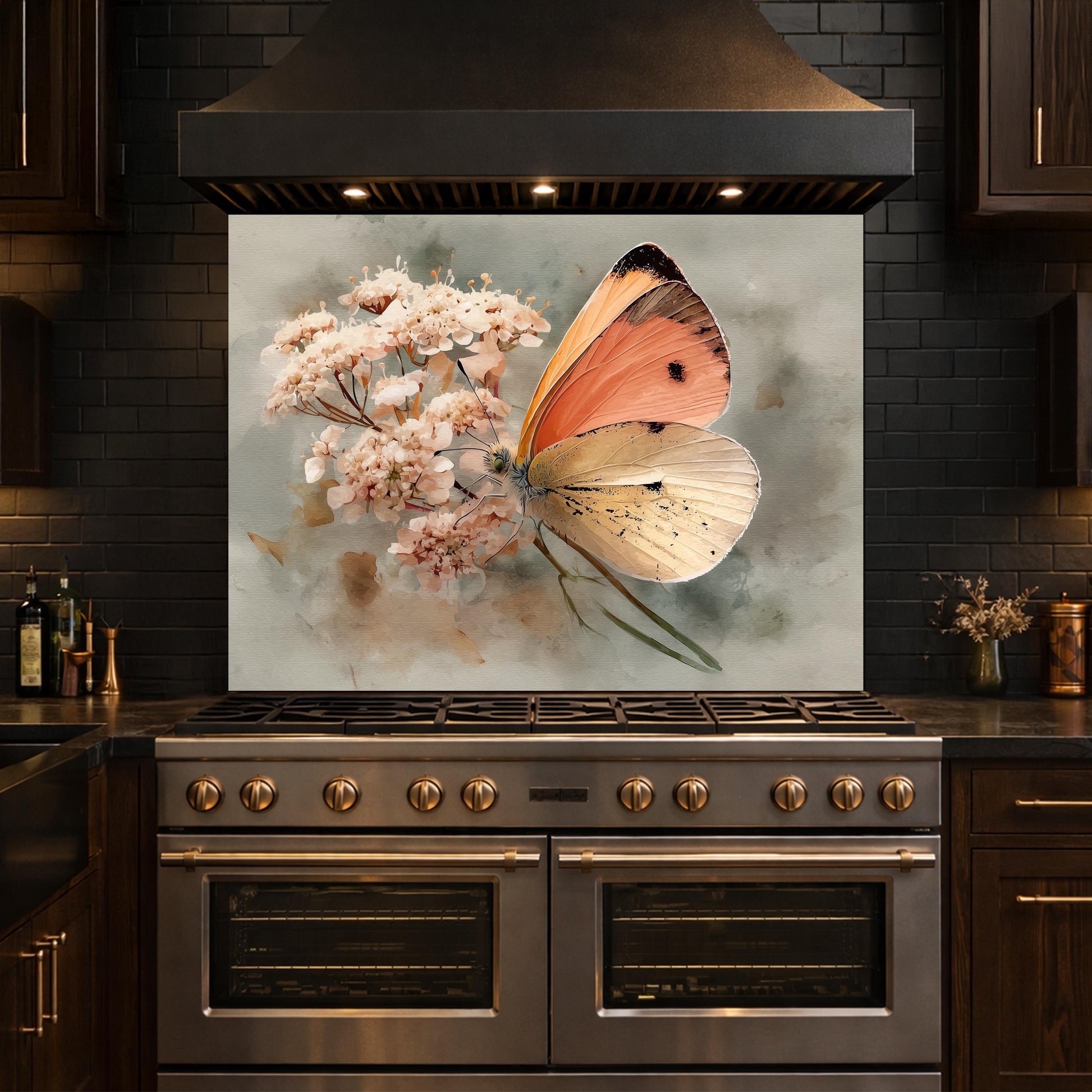 Orange Butterfly Glass Backsplash, Kitchen Wall Panel, Tempered Glass Art, Modern Nature Decor
