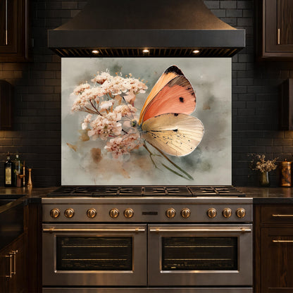 Orange Butterfly Glass Backsplash, Kitchen Wall Panel, Tempered Glass Art, Modern Nature Decor