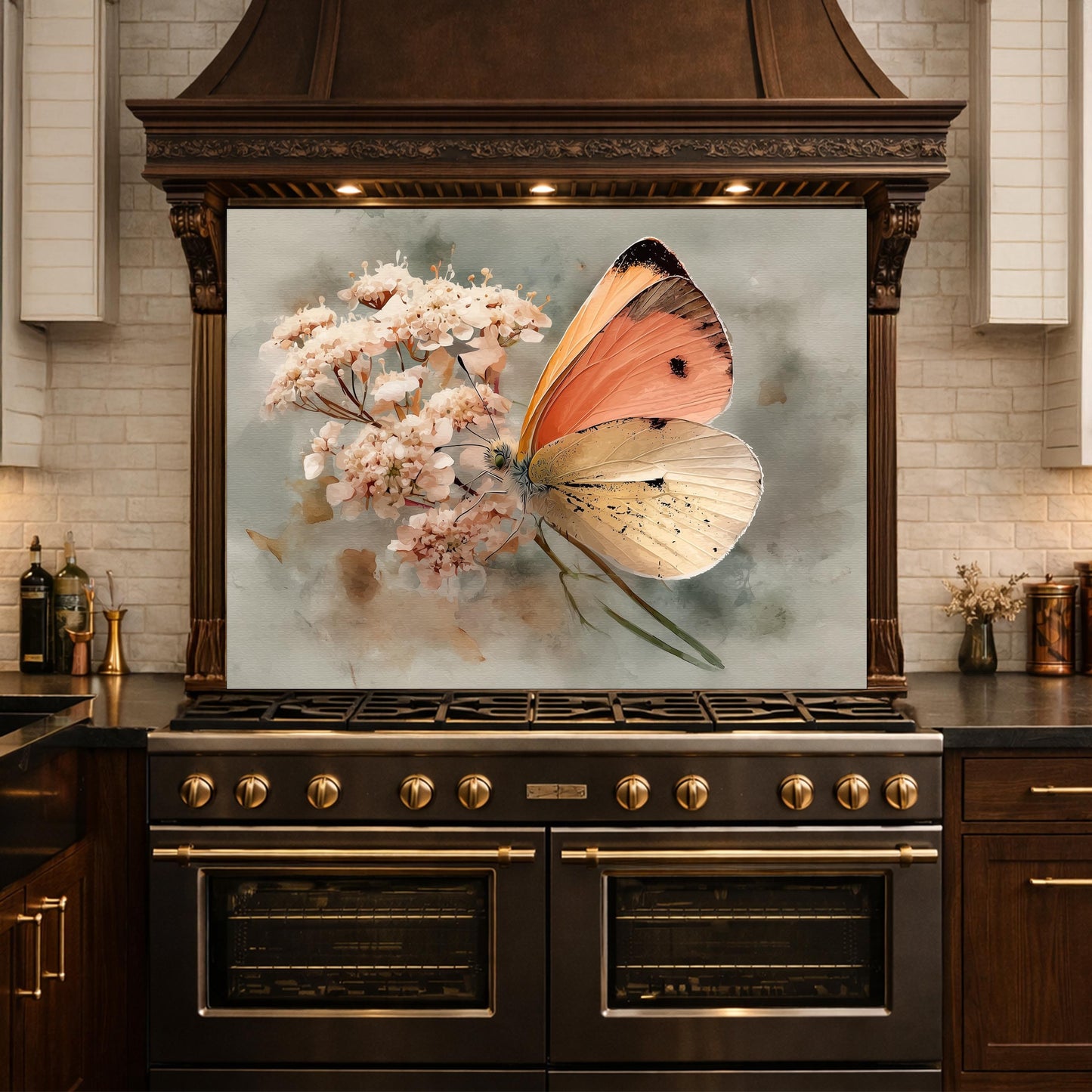 Orange Butterfly Glass Backsplash, Kitchen Wall Panel, Tempered Glass Art, Modern Nature Decor