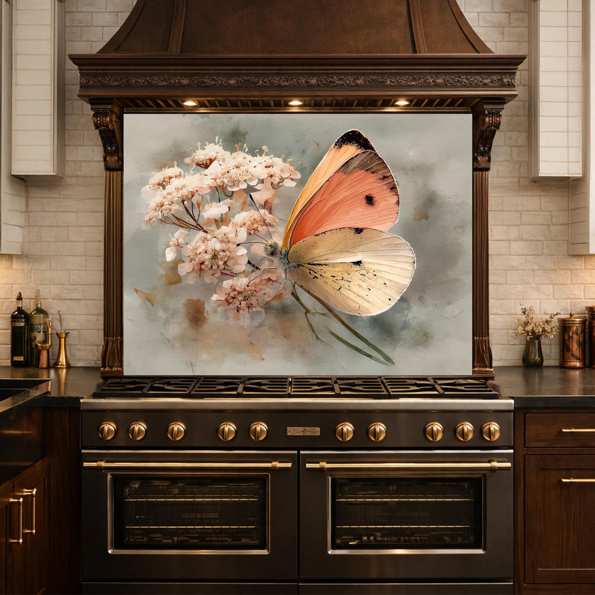 Orange Butterfly Glass Backsplash, Kitchen Wall Panel, Tempered Glass Art, Modern Nature Decor
