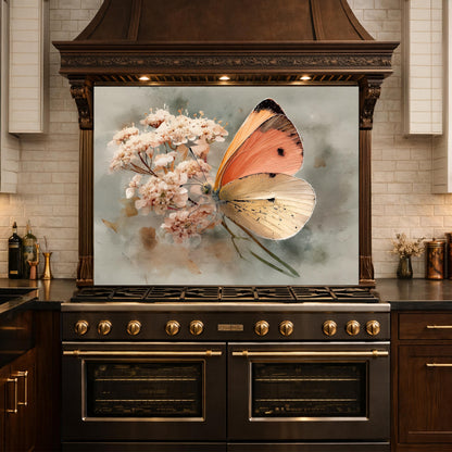 Orange Butterfly Glass Backsplash, Kitchen Wall Panel, Tempered Glass Art, Modern Nature Decor