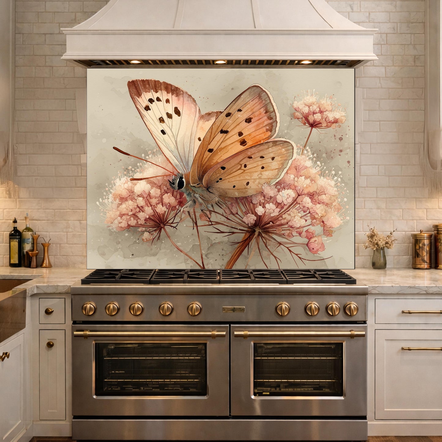 Peach Butterfly Glass Backsplash, Kitchen Wall Panel, Tempered Glass Art, Modern Nature Decor