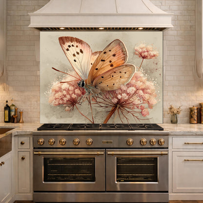 Peach Butterfly Glass Backsplash, Kitchen Wall Panel, Tempered Glass Art, Modern Nature Decor