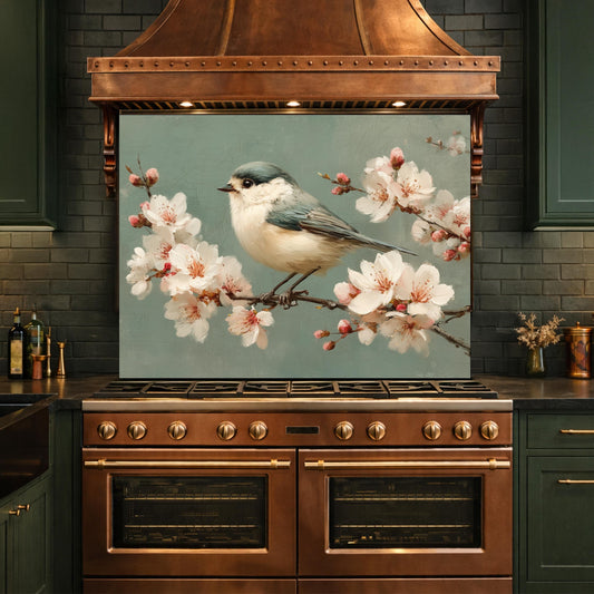 Vintage Bird Glass Backsplash, Kitchen Wall Panel, Tempered Glass Art, Modern Nature Decor