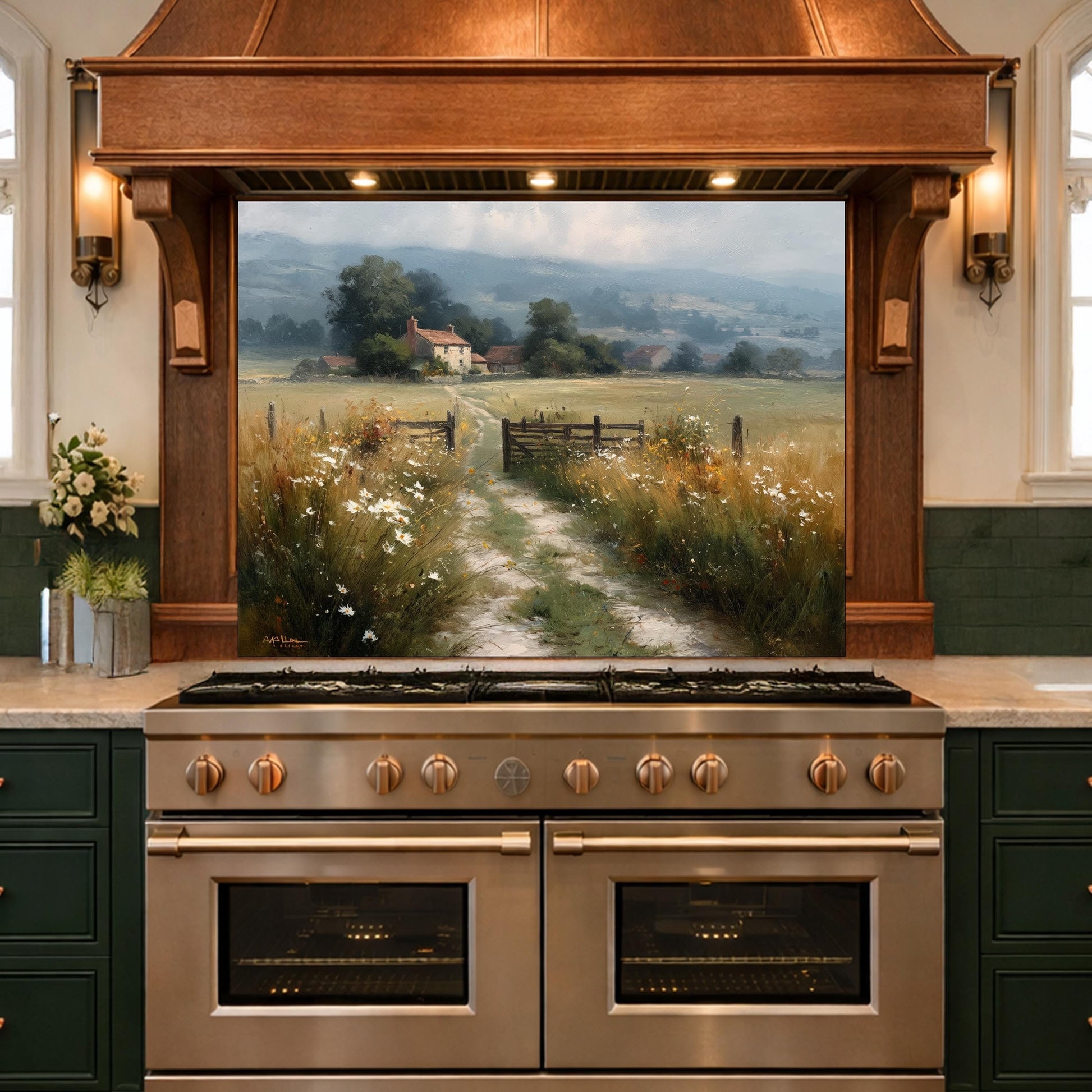 Watercolor Countryside Glass Backsplash, Kitchen Wall Panel, Tempered Glass Art, Scenic Nature Decor