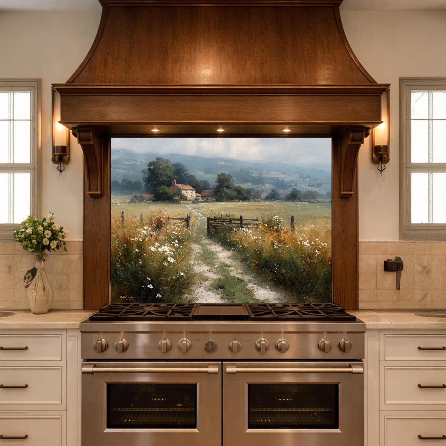 Watercolor Countryside Glass Backsplash, Kitchen Wall Panel, Tempered Glass Art, Scenic Nature Decor