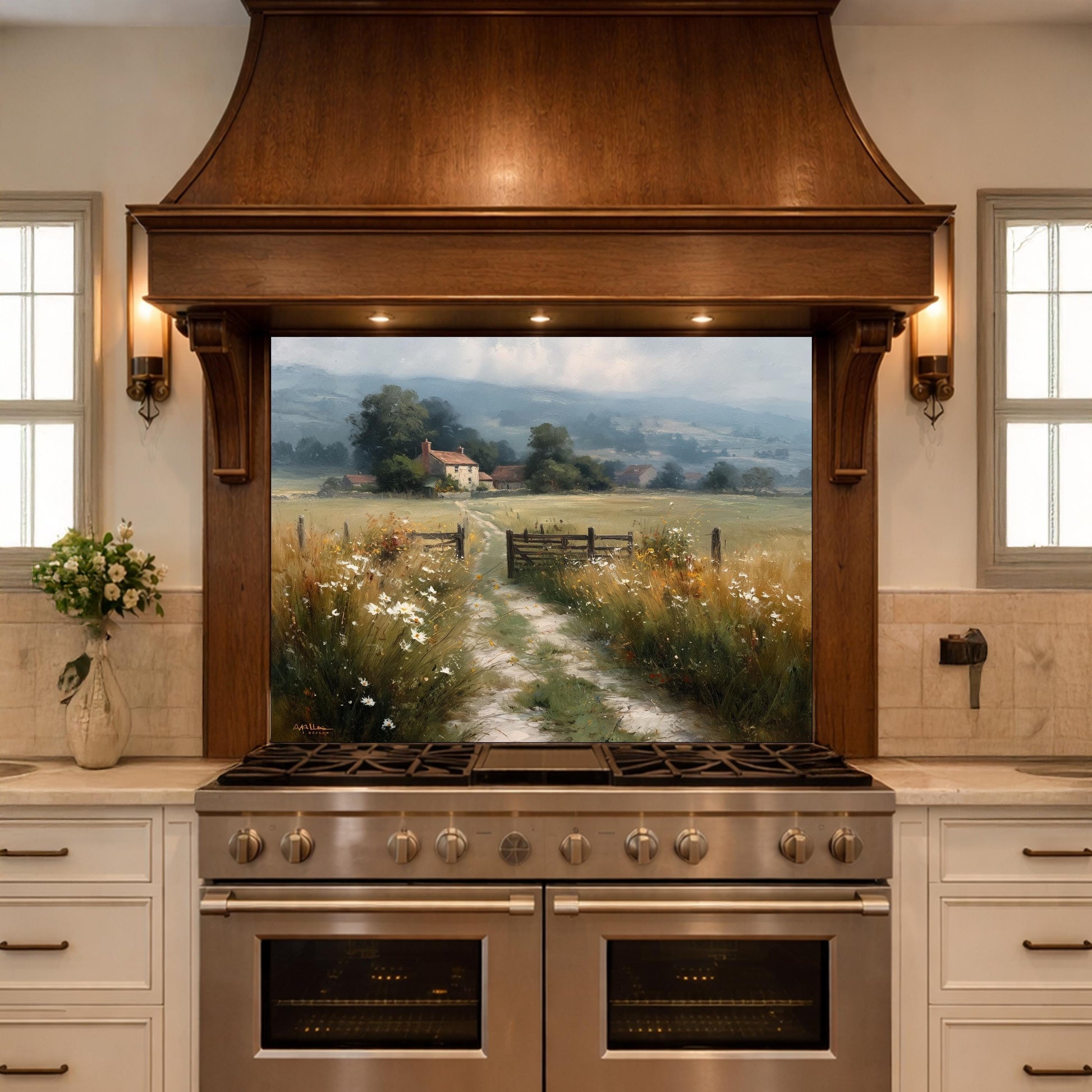 Watercolor Countryside Glass Backsplash, Kitchen Wall Panel, Tempered Glass Art, Scenic Nature Decor