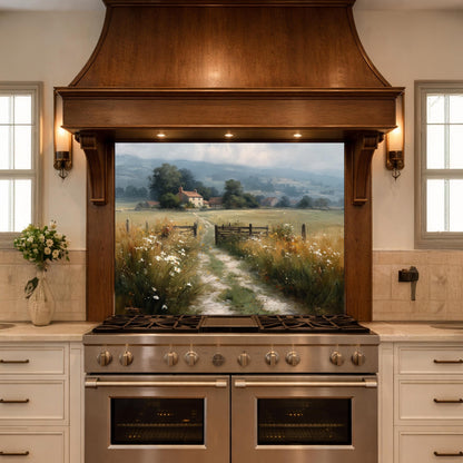 Watercolor Countryside Glass Backsplash, Kitchen Wall Panel, Tempered Glass Art, Scenic Nature Decor