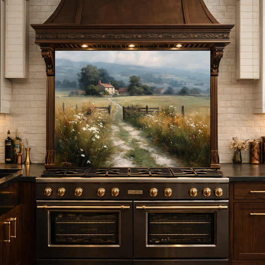 Watercolor Countryside Glass Backsplash, Kitchen Wall Panel, Tempered Glass Art, Scenic Nature Decor