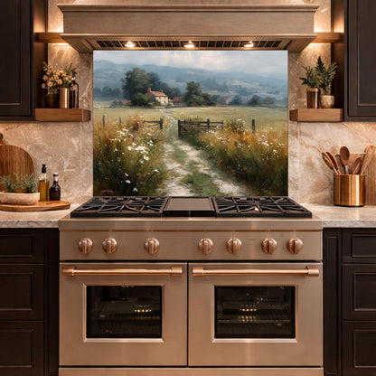 Watercolor Countryside Glass Backsplash, Kitchen Wall Panel, Tempered Glass Art, Scenic Nature Decor