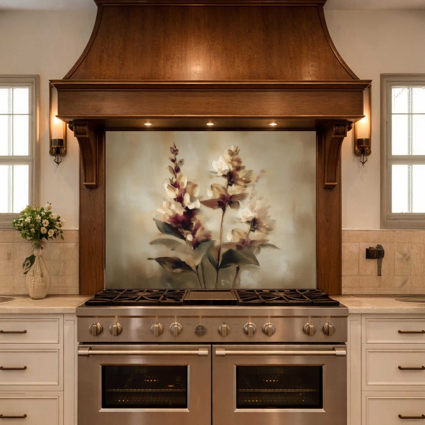 Watercolor Flower Glass Backsplash, Kitchen Wall Panel, Tempered Glass Art, Modern Nature Decor