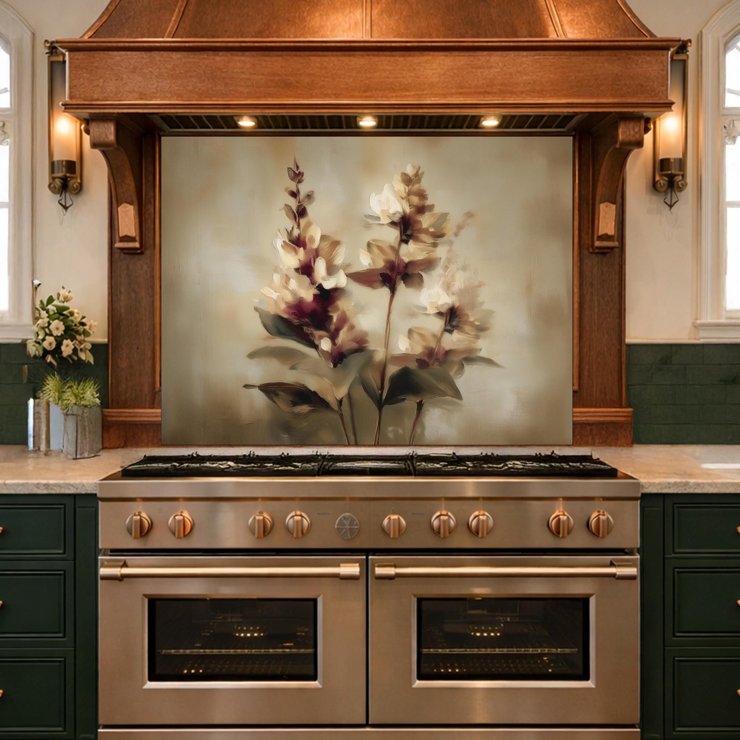 Watercolor Flower Glass Backsplash, Kitchen Wall Panel, Tempered Glass Art, Modern Nature Decor