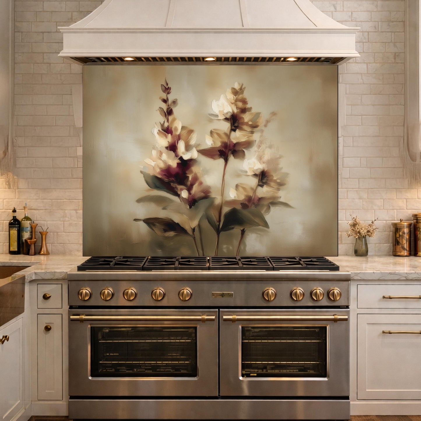 Watercolor Flower Glass Backsplash, Kitchen Wall Panel, Tempered Glass Art, Modern Nature Decor