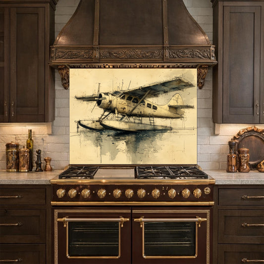 Vintage Seaplane Glass Backsplash, Kitchen Wall Panel, Tempered Glass Art, Retro Aviation Decor