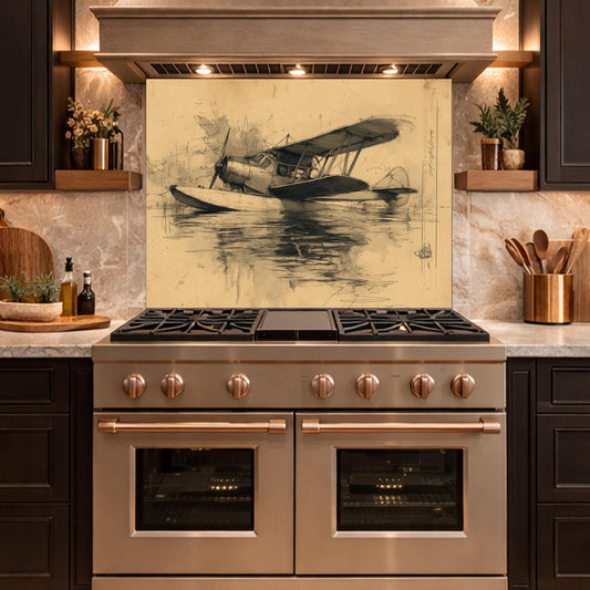 Vintage Seaplane Watercolor Glass Backsplash, Kitchen Wall Art, Tempered Glass Decor, Nautical Flight Theme