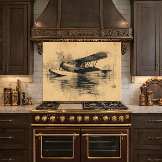 Vintage Seaplane Watercolor Glass Backsplash, Kitchen Wall Art, Tempered Glass Decor, Nautical Flight Theme