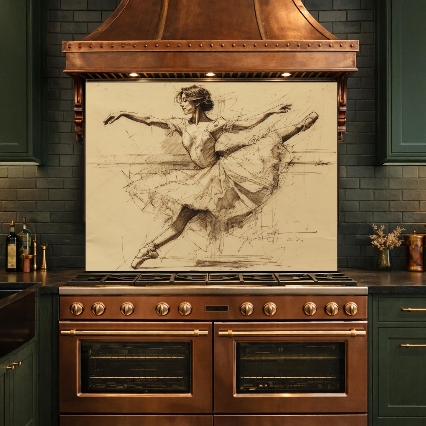 Ballerina Dance Sketch Tempered Glass Kitchen Backsplash, Modern Ballet Art Panel