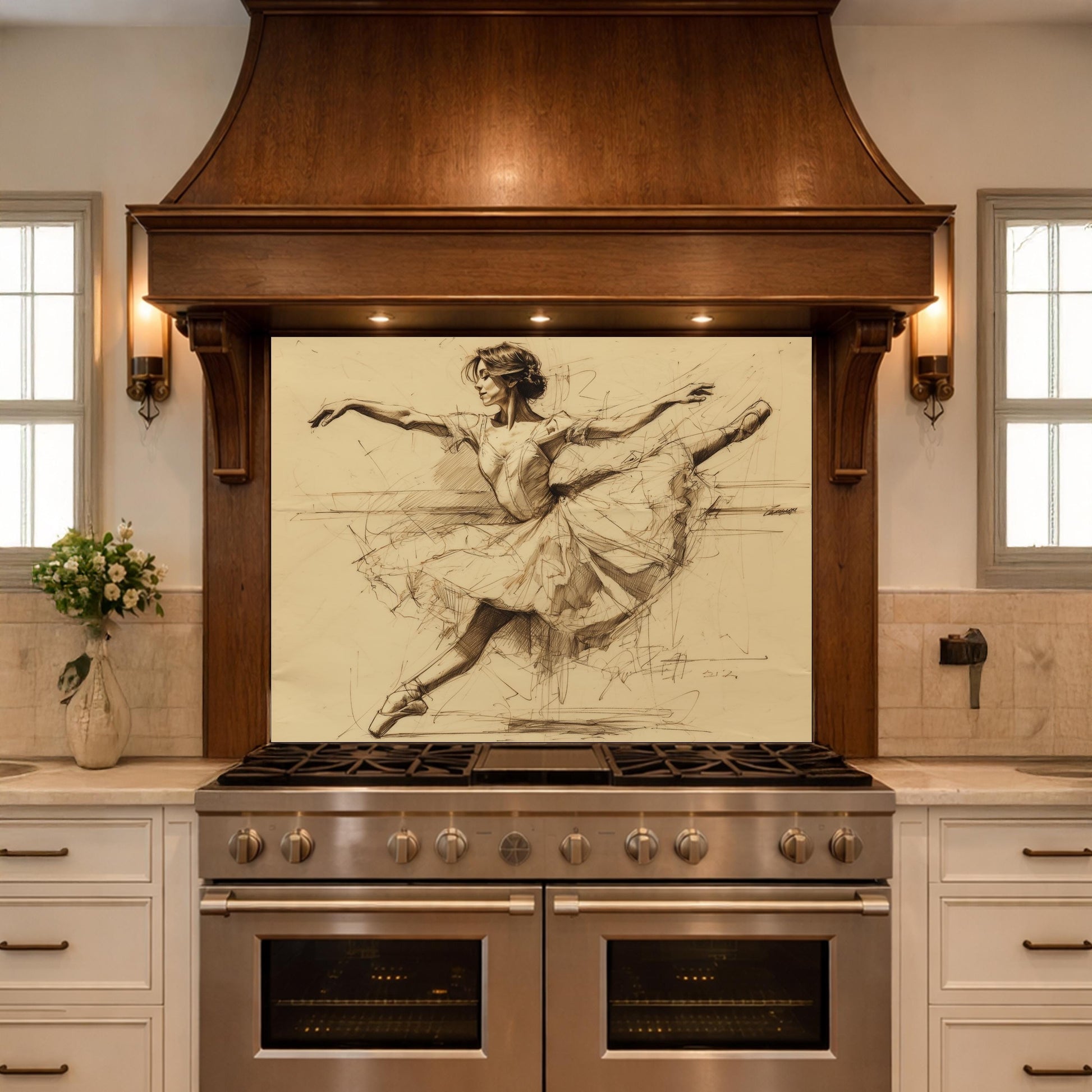 Ballerina Dance Sketch Tempered Glass Kitchen Backsplash, Modern Ballet Art Panel