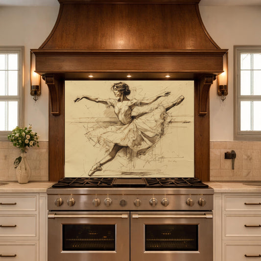 Ballerina Dance Sketch Tempered Glass Kitchen Backsplash, Modern Ballet Art Panel