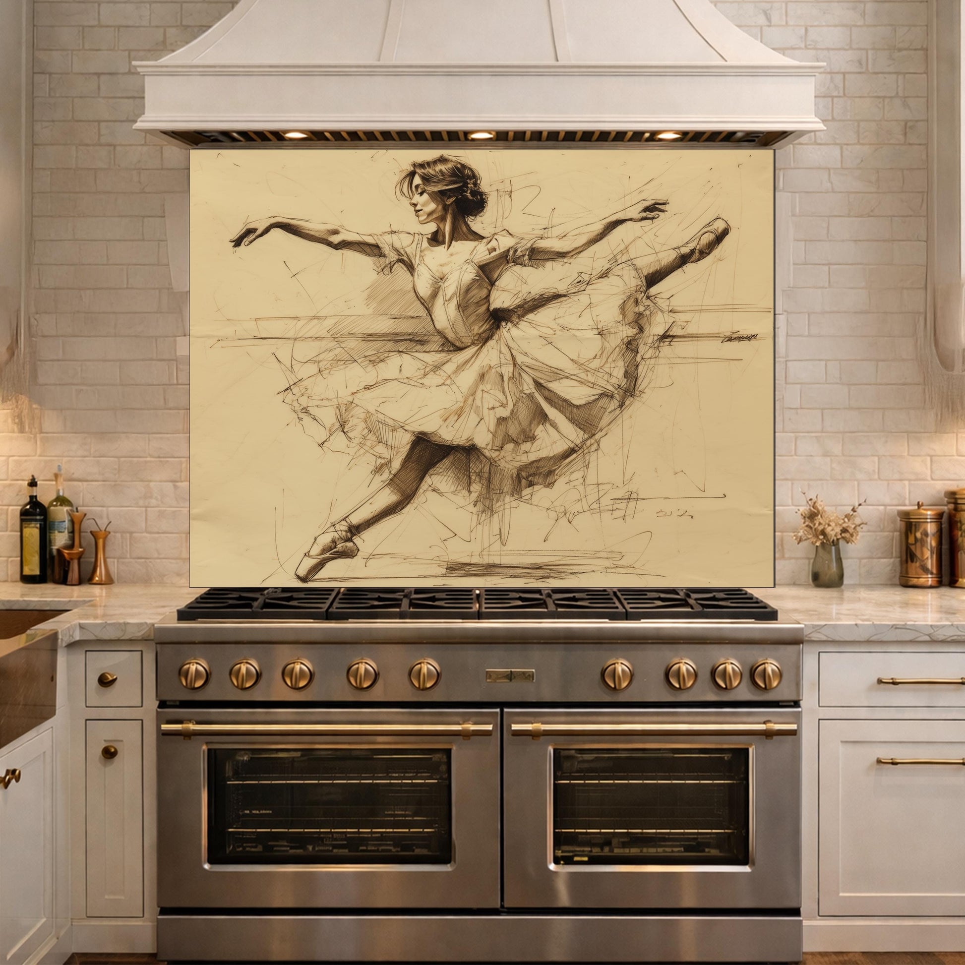 Ballerina Dance Sketch Tempered Glass Kitchen Backsplash, Modern Ballet Art Panel