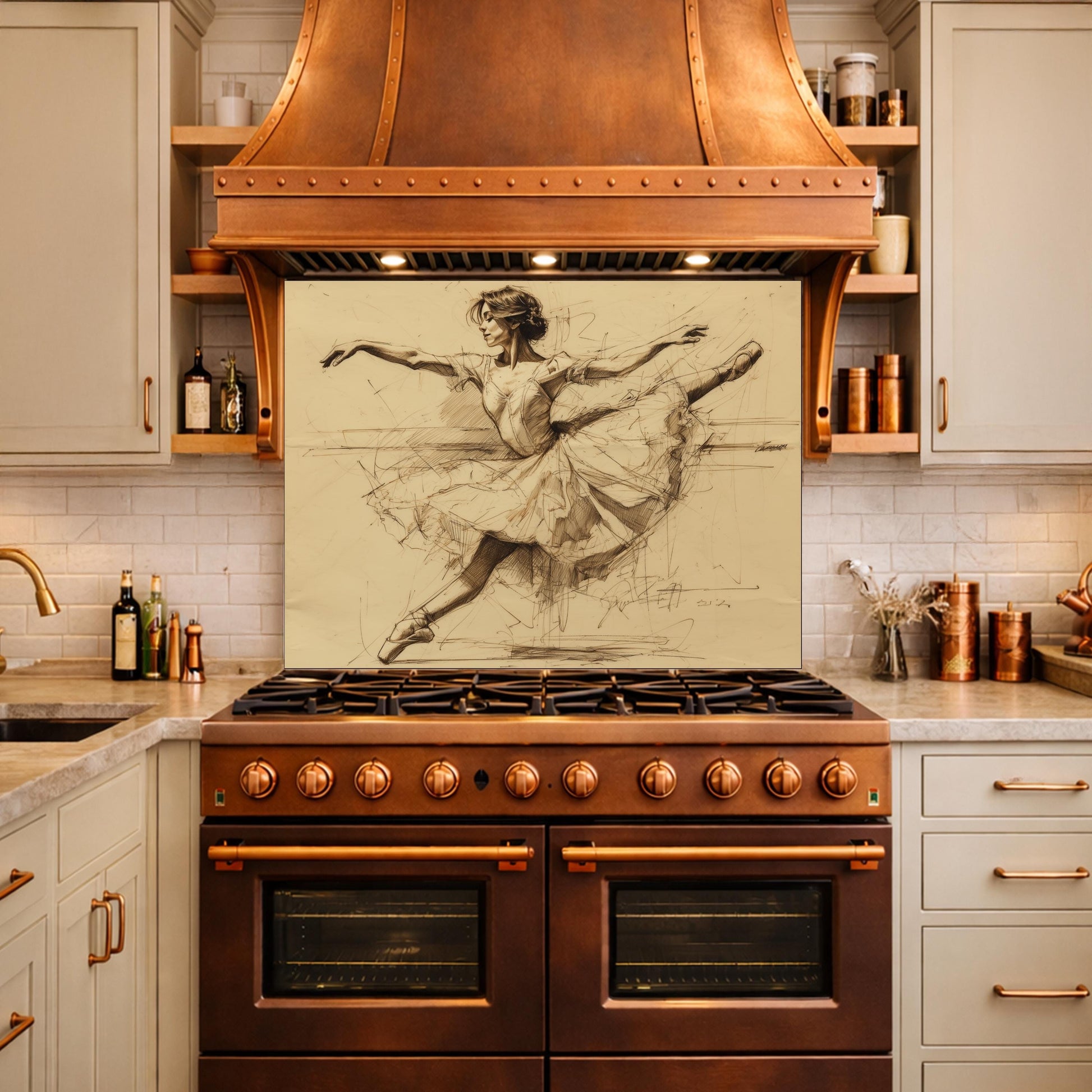 Ballerina Dance Sketch Tempered Glass Kitchen Backsplash, Modern Ballet Art Panel