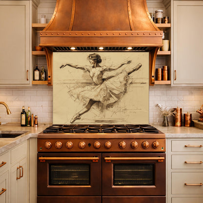 Ballerina Dance Sketch Tempered Glass Kitchen Backsplash, Modern Ballet Art Panel